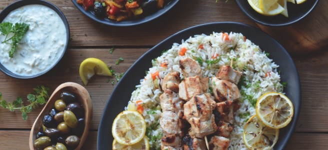 Grilled chicken marinated with yogurt and Greek spices, tzatziki and Moroccan roasted pepper salad.