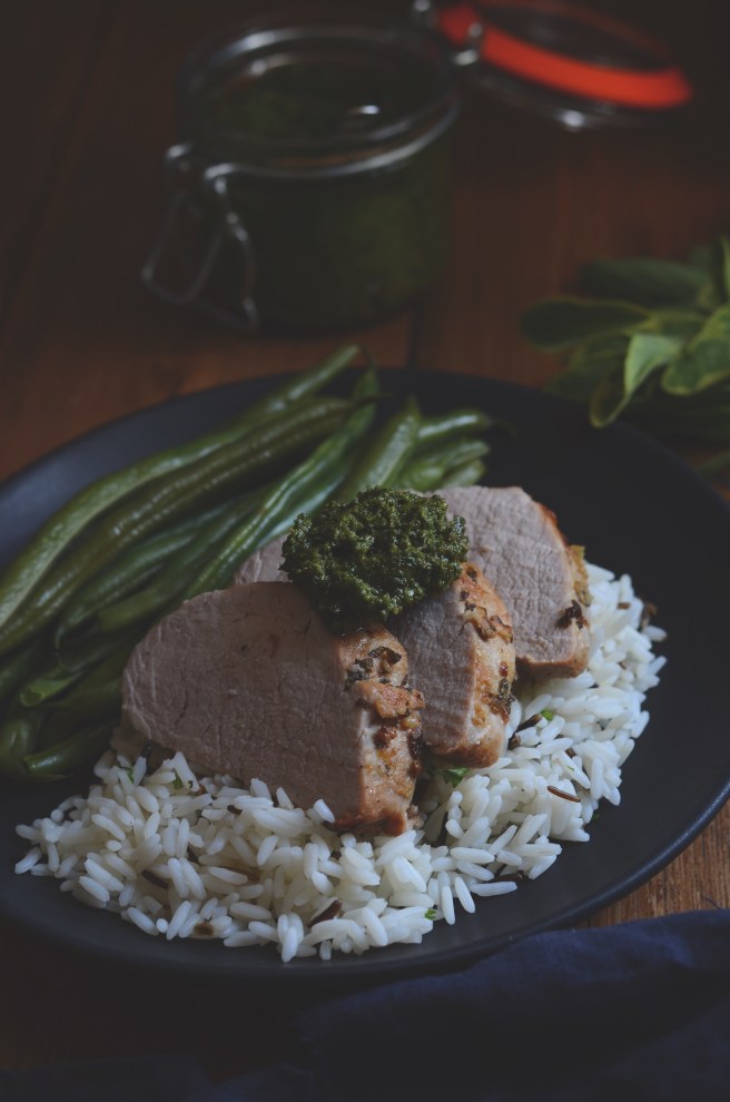 sage and garlic pork tenderloin with almond sage pesto | conifères & feuillus