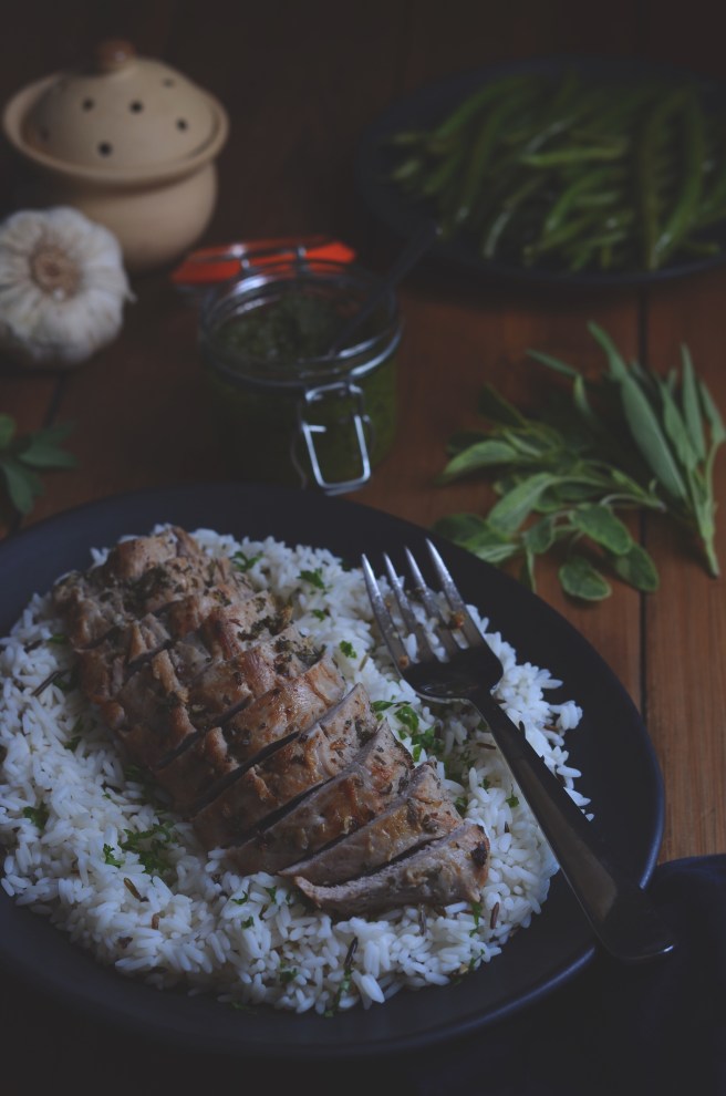 sage and garlic pork tenderloin with almond sage pesto | conifères & feuillus
