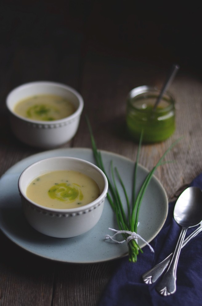 potato, chive, and cheese soup with chive oil | conifères & feuillus