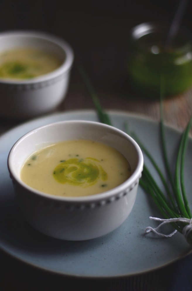 potato, chive, and cheese soup with chive oil | conifères & feuillus