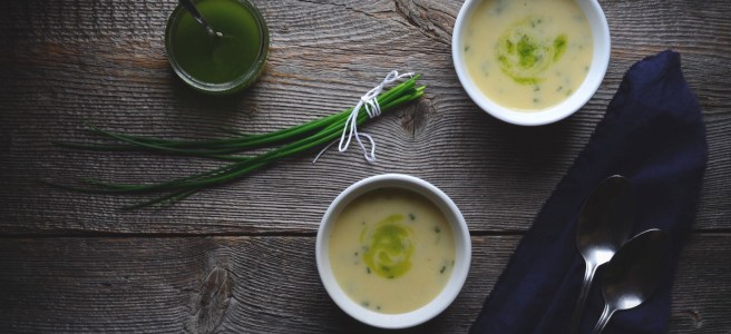 potato, chive, and cheese soup with chive oil | conifères & feuillus